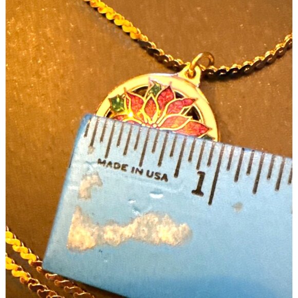 Heavy HMK Signed Cloisonné Poinsettia Pendant Necklace On 26" Chain - Picture 6 of 9